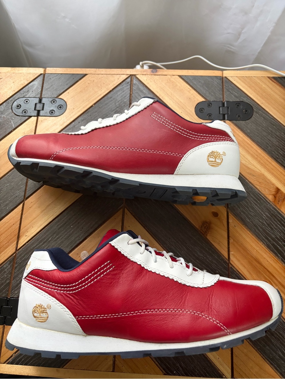 Timberland Men’s Red and White Leather Sneakers with Gold Logo